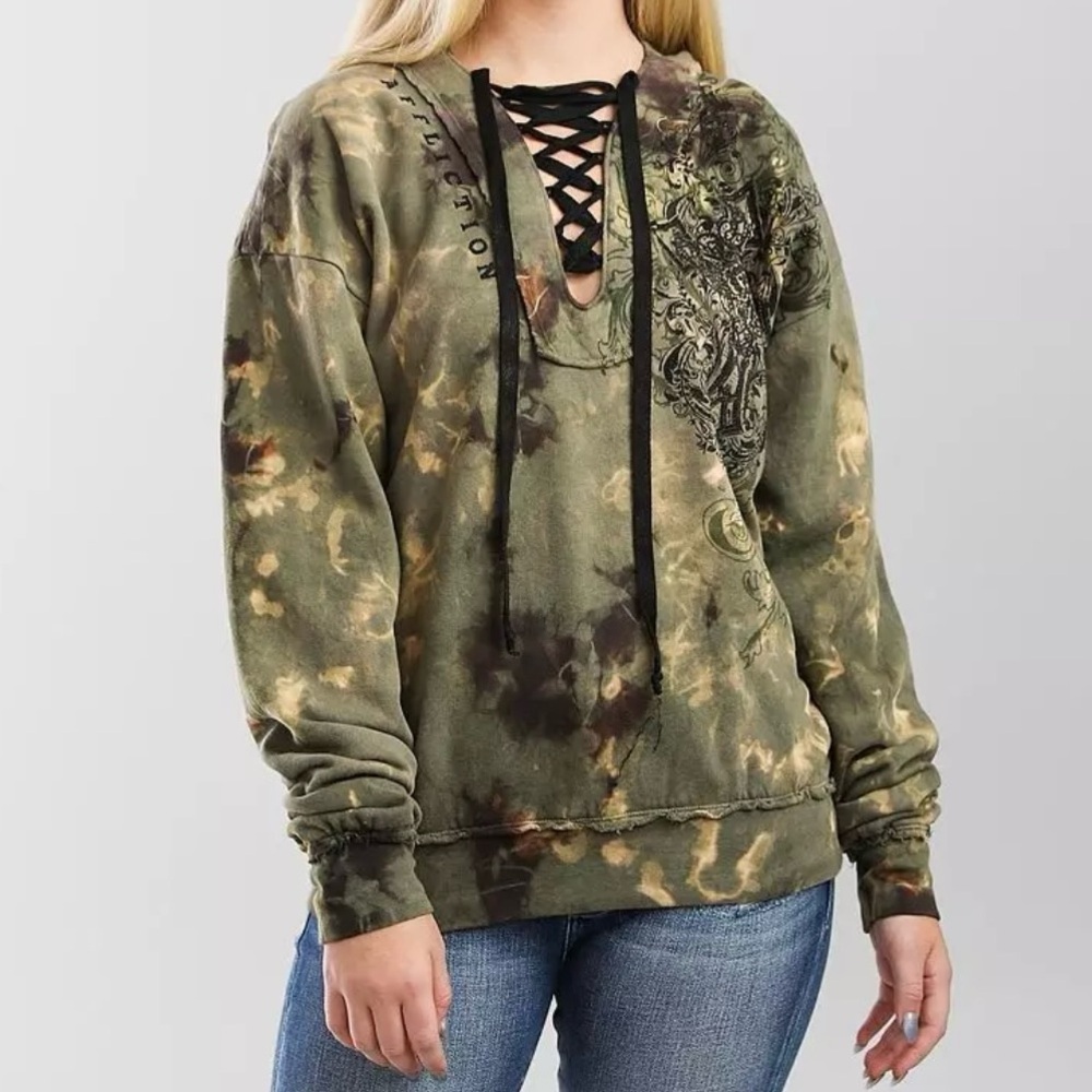 Affliction Donnington Olive Green Rhinestone Raw Hem Hooded Sweatshirt L